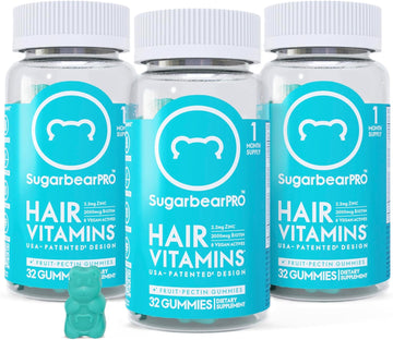 Sugarbear Pro Hair Vegan Vitamin Gummies for Luscious Hair with Biotin, Vitamin E, Folic Acid, Inositol, Coconut Oil - Hair and Nails Supplement for Women & Men (3 Month + Free Brush)