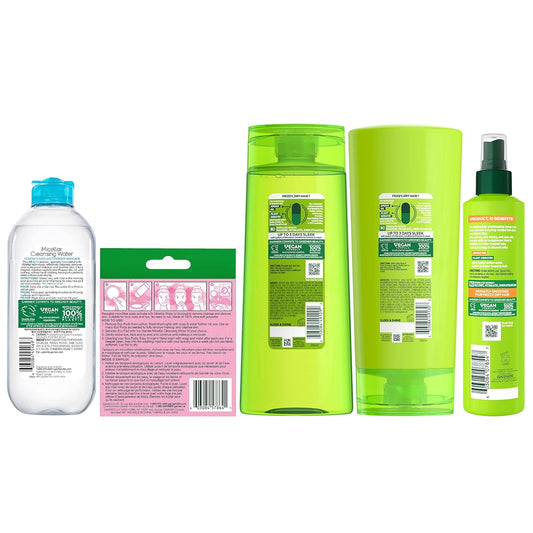 Garnier Back To School Bundle | Waterproof Micellar Water (400Ml), Ecopads, Fructis Sleek & Shine Shampoo (22 Fl Oz), Conditioner (21 Fl Oz) + 10-In-1 Treatment (8.1 Oz), 5 Items (Packaging May Vary)