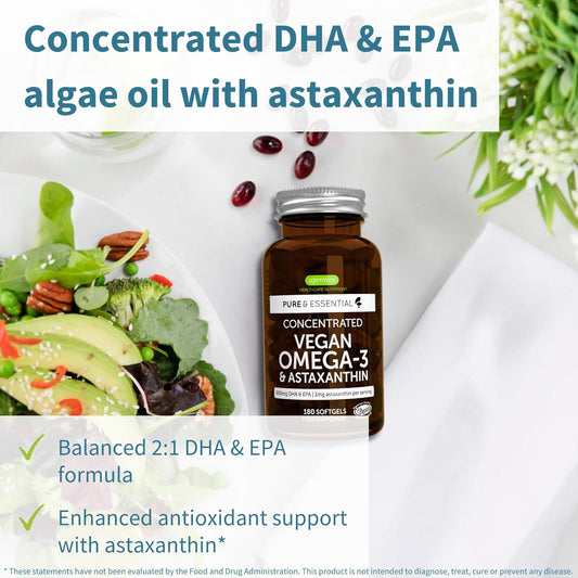 Vegan Dha & Epa Omega 3 Algae Oil & Astaxanthin Antioxidant, 1344Mg Omega 3, Pure & Sustainable, 180 Small Softgels, 400Mg Dha & 200Mg Epa, Clean Label, Easy-To-Swallow, 90 Servings, By Igennus