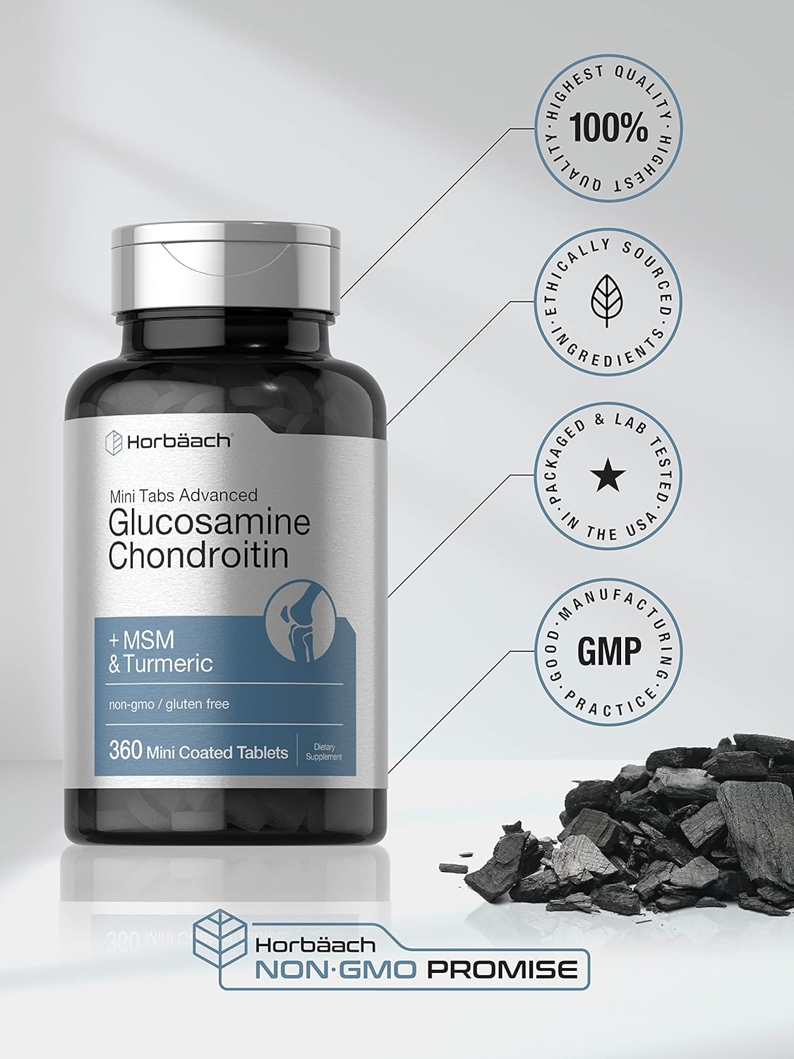 Horbäach Glucosamine Chondroitin Msm Turmeric | 360 Mini Coated Tablets | Advanced Glucosamine Formula | Non-Gmo And Gluten Free Supplement : Health & Household