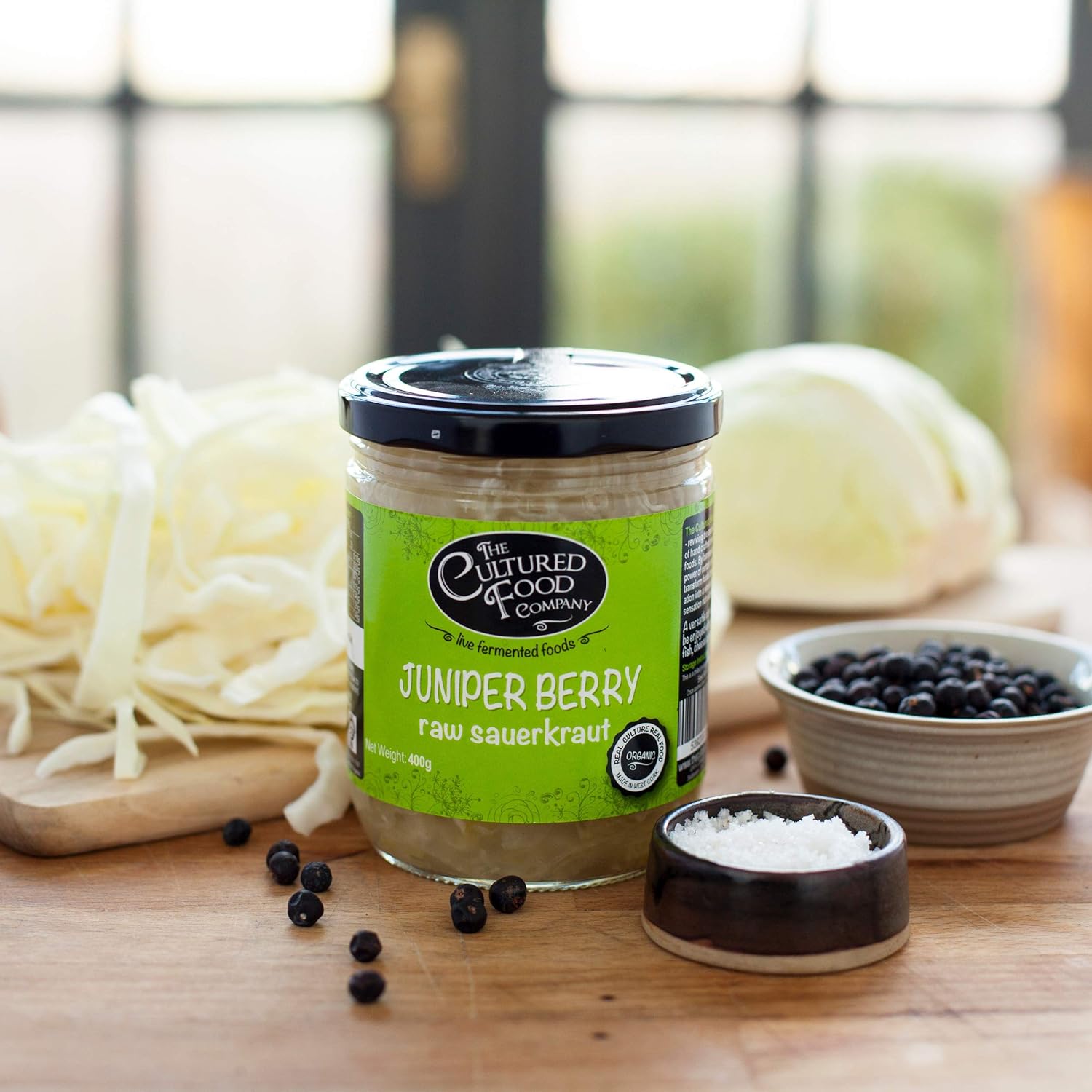The Cultured Food Co. - Juniper Berry With Lemon And Cracked Black Pepper Sauerkraut 1Kg Jar - Organic, Probiotic, Raw & Unpasteurised - Traditionally Fermented - Handmade - No Preservatives - Vegan