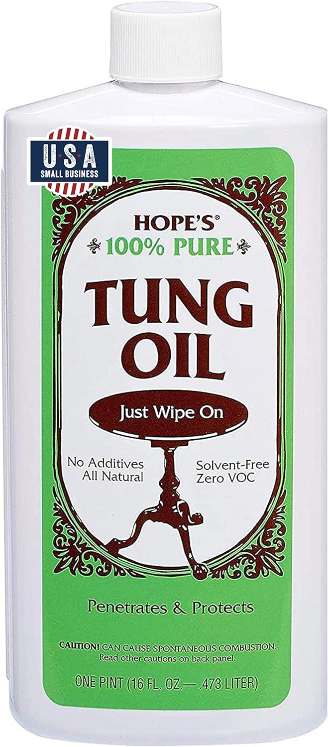 HOPE'S 100% Pure Tung Oil, Food Safe, Premium Waterproof Natural Wood Finish and Sealer for Indoor and Outdoor Projects,16 Fl Oz, 1 Pack