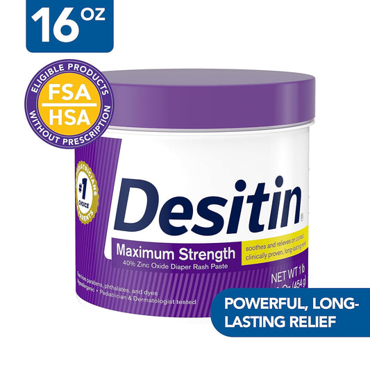 Desitin Maximum Strength, 16 Oz Diaper Rash Cream, 40% Zinc Oxide, Hypoallergenic, Paraben-Free, Pediatrician & Dermatologist Tested, Baby