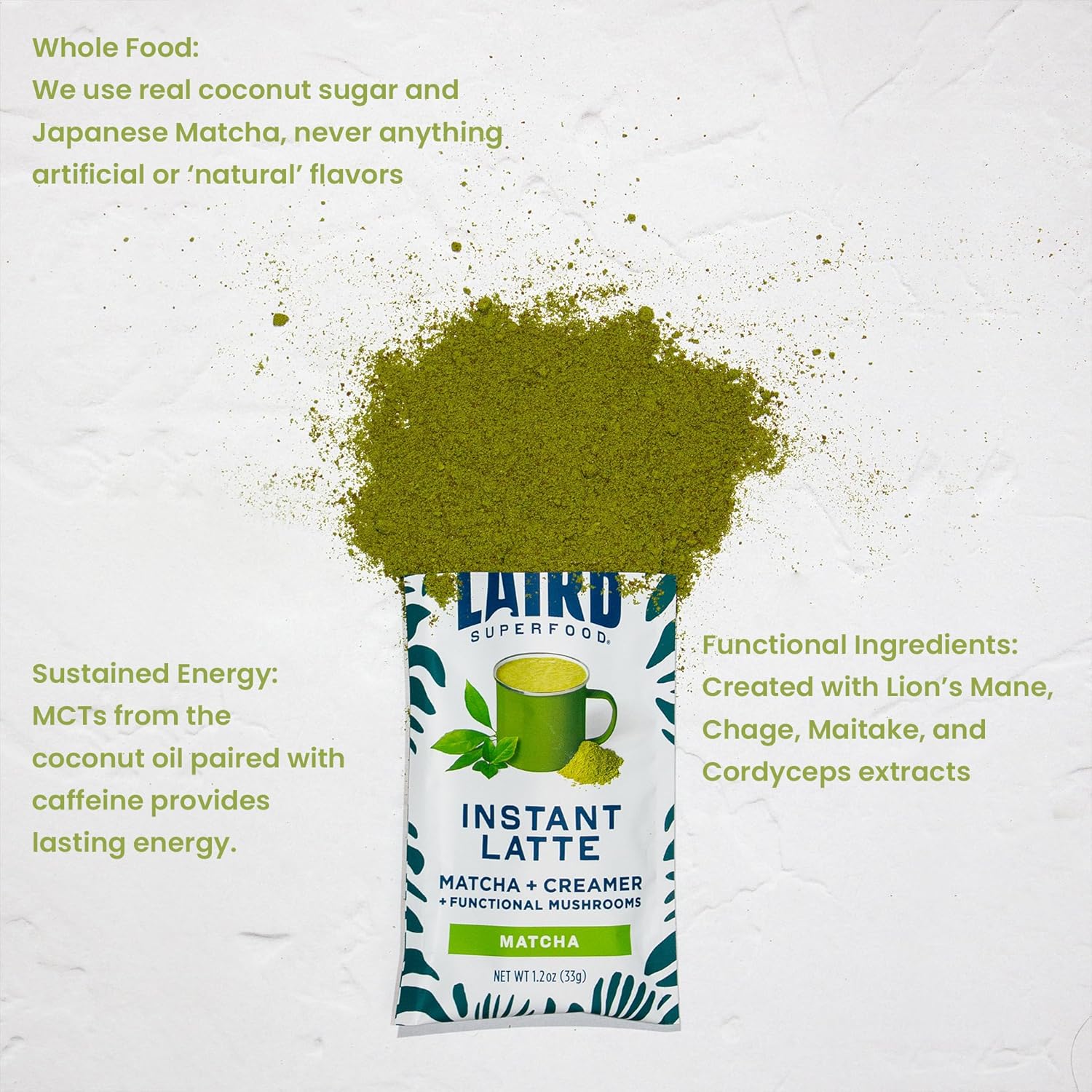 Laird Superfood Instant Latte Matcha, Non-Dairy, Superfood Creamer, Gluten Free, Non-Gmo, Vegan, 15Pk Sachets : Grocery & Gourmet Food