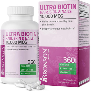 Bronson Ultra Biotin 10,000 Mcg Hair Skin And Nails Supplement, Non-Gmo, 360 Vegetarian Capsule