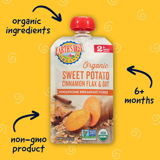 Earth'S Best Organic Baby Food Pouches, Stage 2 Wholesome Breakfast Puree For Babies 6 Months And Older, Organic Sweet Potato Cinnamon Flax And Oat Puree, 4 Oz Resealable Pouch (Pack Of 12)