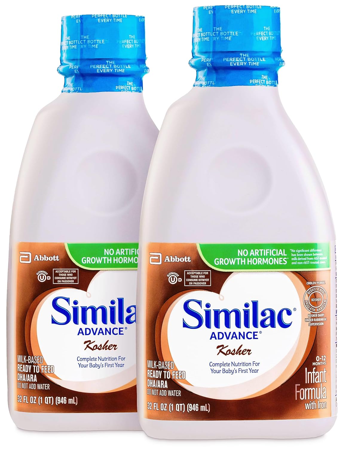 Similac Advance (0-12 Months) Kosher Infant Formula with Iron, 32 Fl OZ (2 Pack) Travel Friendly | Milk Based | Ready To Feed | Resealable Bottle | Cholov Yisroel