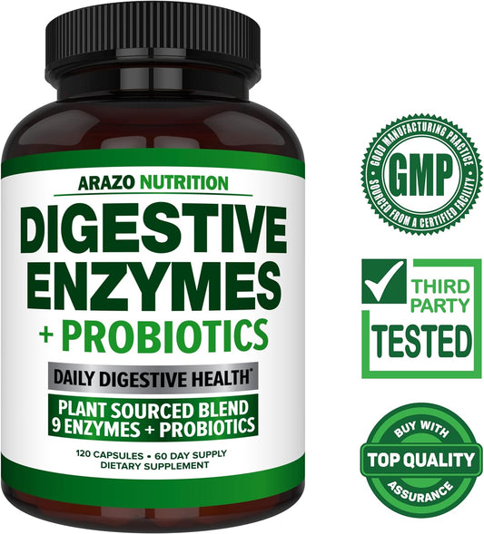 Digestive Enzymes With Probiotics - Multi Enzyme Nutritional Supplement - Acidophilus Bromelain Papaya Papain Lipase & Lactase - Improve Digestion - 120 Pills - Arazo Nutrition