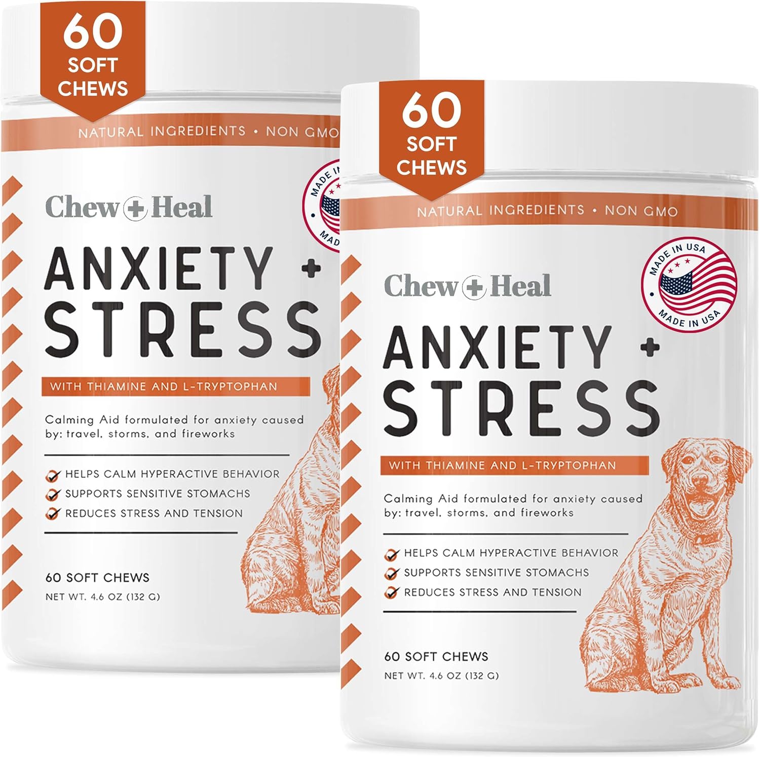 Dog Calming Treats, 2Pk - 120 Soft Chews, Anxiety Supplement - Stress Relief Thiamine And L-Tryptophan For Travel, Storms, Fireworks - With Ginger And Melatonin - Made In The Usa