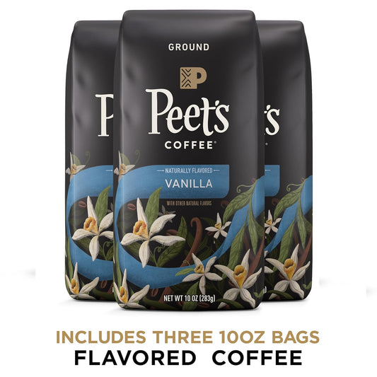 Peet's Flavored Coffee, Vanilla Ground Coffee, 30 Ounces (Three Bags of 10 Oz), Light Roast