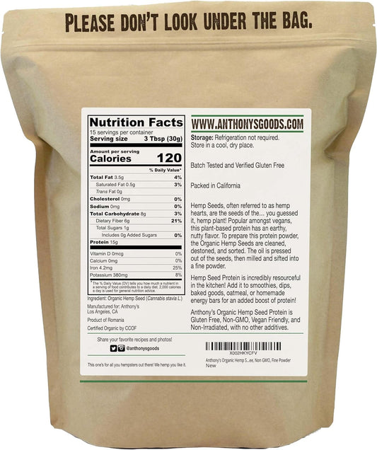 Anthony'S Organic Hemp Seed Protein, 1 Lb, Cold Pressed, Gluten Free, Non Gmo, Fine Powder