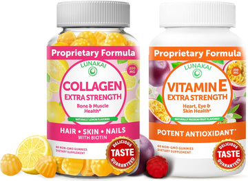 Collagen and Vitamin E Gummies Bundle - Anti Aging Protein Supplements for Men & Women, Vitamins for Hair - with Vitamin C ? 250 mg 1000 iu Natural VIT E Plus C Supplements
