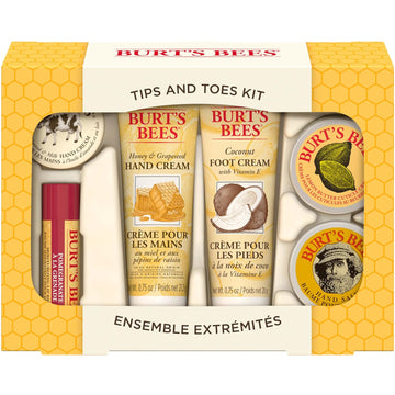 Burt's Bees Mothers Day Gifts for Mom, Tips and Toes Set, 6 Travel Size Products in Gift Box - 2 Hand Creams, Foot Cream, Cuticle Cream, Hand Salve and Lip Balm
