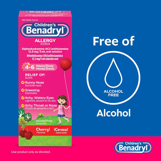 Benadryl Children'S Allergy Relief Liquid Medicine With Diphenhydramine Hcl, Kids' Allergy Syrup For Allergy Symptoms Like Runny Nose, Itchy Eyes & More, Cherry Flavor, 4 Fl. Oz