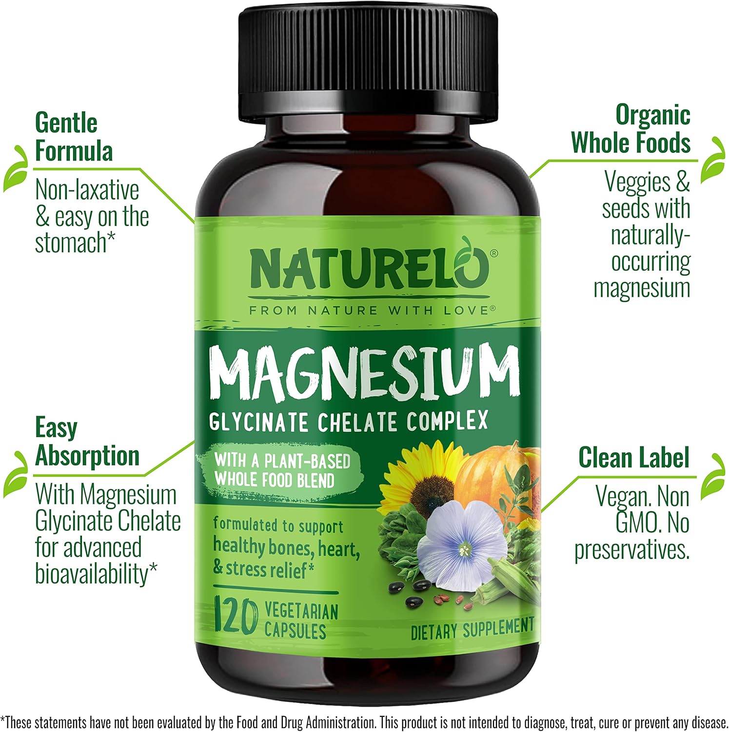 NATURELO Magnesium Glycinate Chelate Complex - 200 mg Magnesium with Organic Vegetables to Support Sleep, Calm, Muscle Cramp & Stress Relief – Gluten Free, Non GMO - 120 Capsules : Health & Household