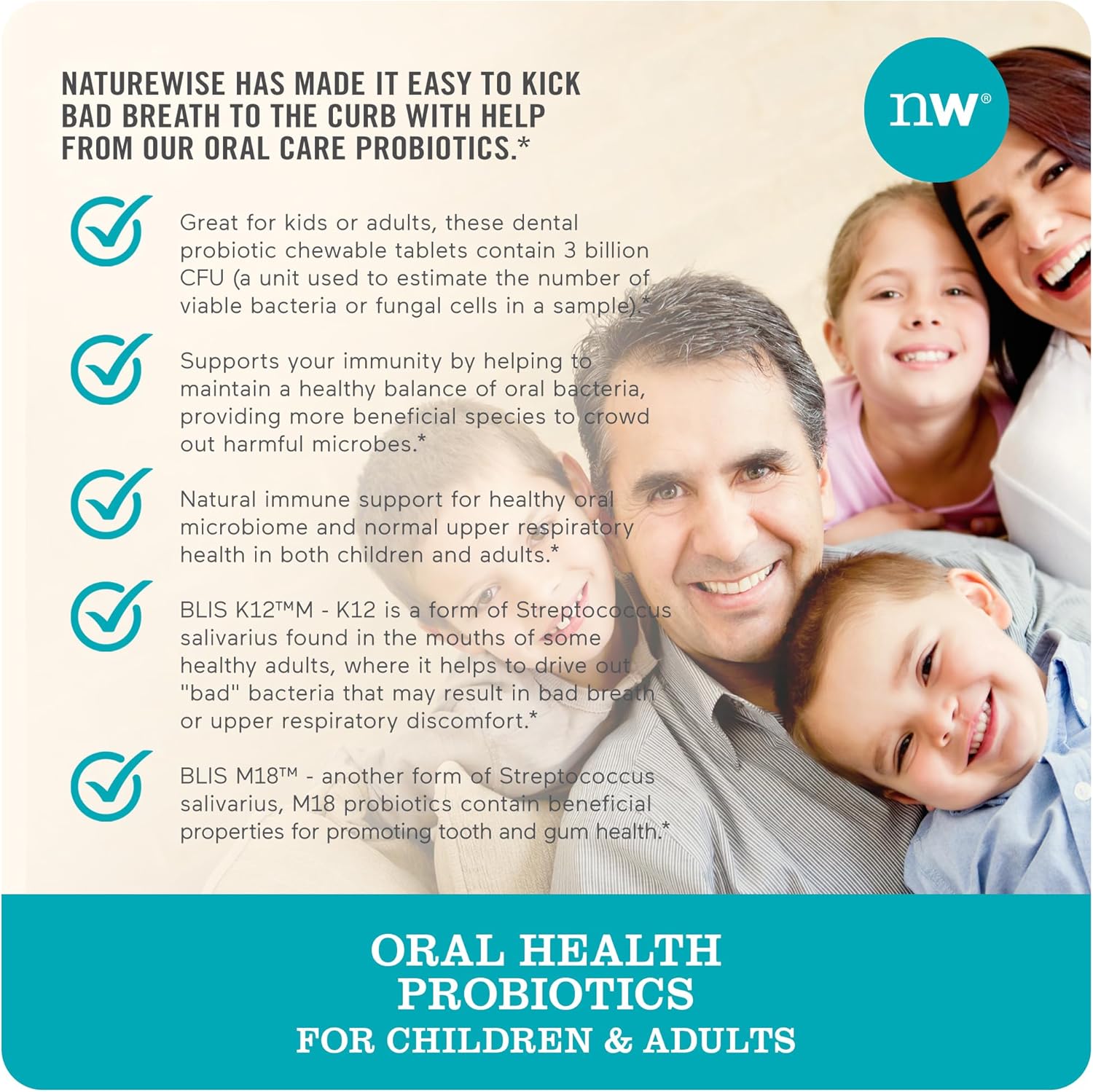 NatureWise Oral Probiotics for Teeth & Gums & Fresh Breath* - Chewable Probiotic - Non-GMO Sugar-Free Mint Tablet - Dental Probiotic for Kids & Adults w/ BLIS K12 & M18 - 50 Count[50-Day Supply] : Health & Household