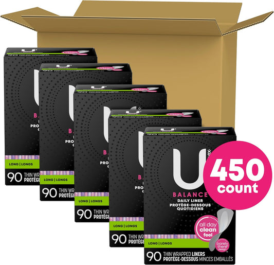 U By Kotex Balance Daily Wrapped Panty Liners, Light Absorbency, Long, 450 Count (5 Packs Of 90) (Packaging May Vary)