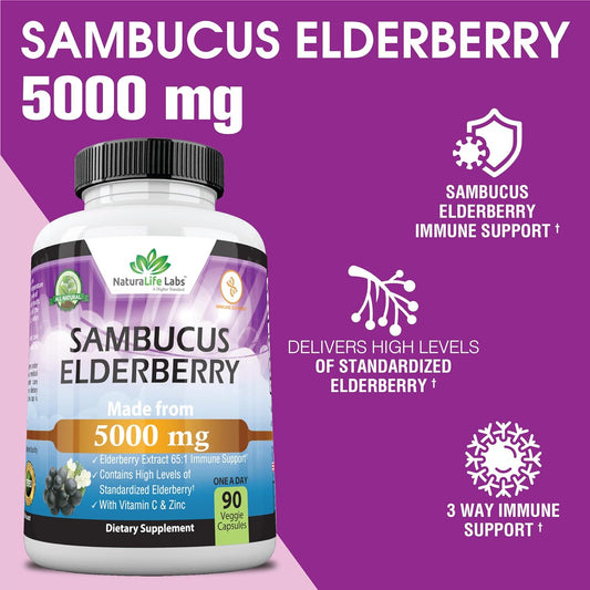 Naturalife Labs Sambucus Elderberry 5,000 Mg Super Concentrated 65:1 With Vitamin C & Zinc - 90 Day Supply - Sambucus Extract Immune Support, Immune Defense| Non-Gmo | 90 Veggie Capsules