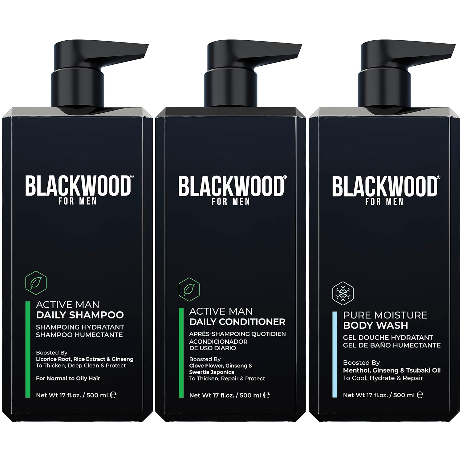 Blackwood For Men Active Man Daily Shampoo (17 Oz), Conditioner (17 Oz), And Pure Moisture Body Wash (17 Oz) Bundle