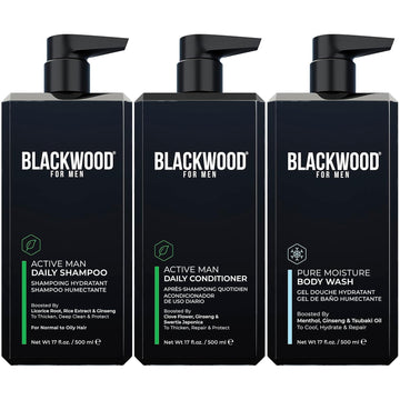 Blackwood For Men Active Man Daily Shampoo (17 Oz), Conditioner (17 Oz), And Pure Moisture Body Wash (17 Oz) Bundle