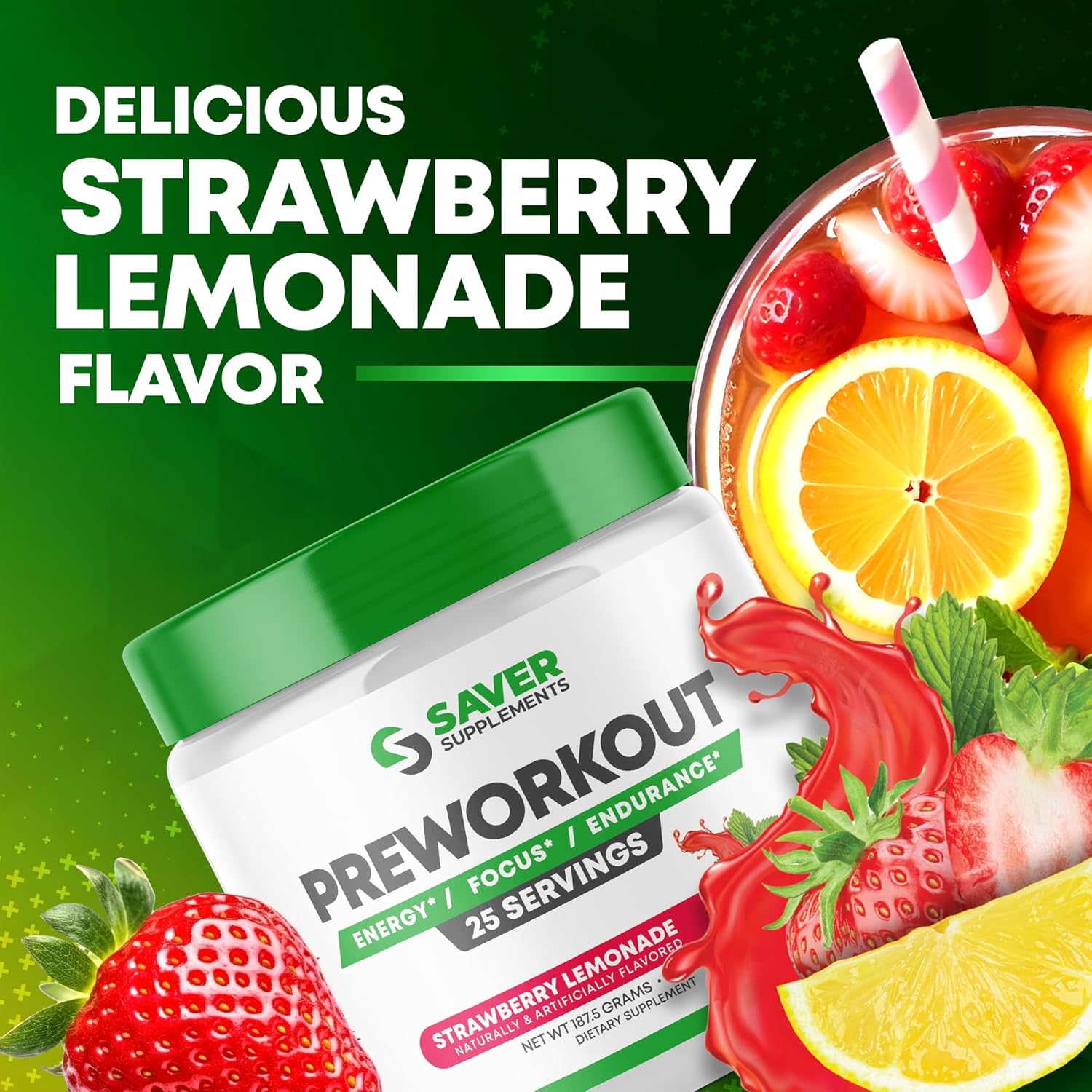 Saver Supplements Pre Workout Powder With Beta Alanine, Creatine Monohydrate, Bcaa, L Citrulline, L Arginine And Caffeine - Strawberry Lemonade Flavor - 25 Servings : Health & Household