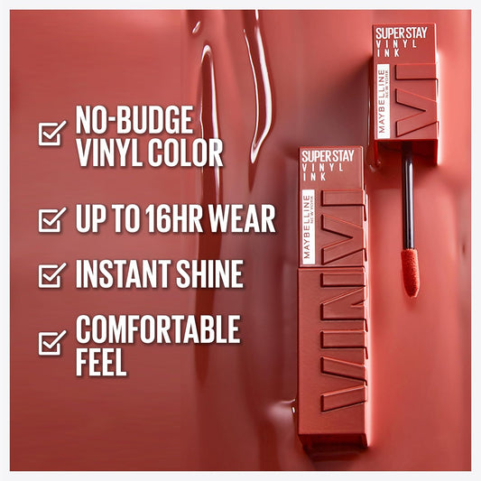 Maybelline Super Stay Vinyl Ink Longwear No-Budge Liquid Lipcolor Makeup, Highly Pigmented Color And Instant Shine, Peachy, Peachy Nude Lipstick, 0.14 Fl Oz, 1 Count
