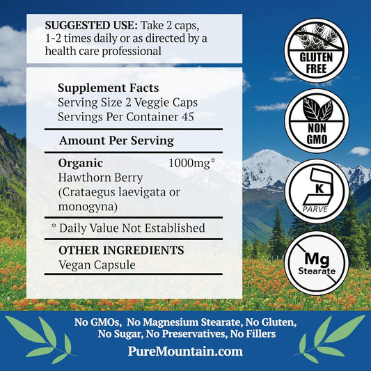 Pure Mountain Botanicals Hawthorn Berry Capsules - Kosher Vegan Caps with 1000mg Organic Hawthorne Berry Supplement