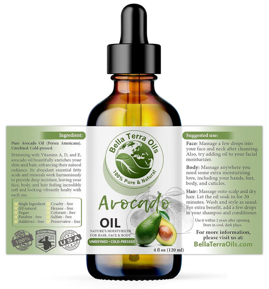 Bella Terra Oils - Avocado Oil 4oz - Pure Essence of Cold-Pressed Avocado, Boosted with Vitamin A, Impeccable for Mixing and Blending