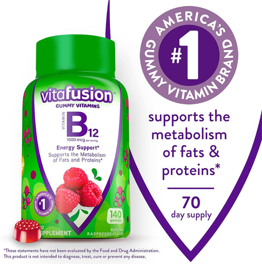 vitafusion Vitamin B12 Gummy Vitamins for Energy Metabolism Support, Raspberry avored, America’s Number 1 Gummy Vitamin Brand, 70 Day Supply, 140 Count