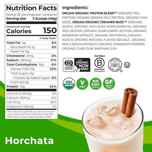 Orgain Organic Vegan Protein Powder, Horchata - 21g of Plant Based Protein, Low Net Carbs, Gluten Free, Lactose No Sugar Added, Soy Kosher, Non-GMO, 2.03 Lb