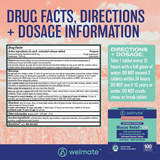 Welmate Maximum Strength Mucus Relief Dm - 1200Mg Guaifenesin & 60Mg Dxm, 12-Hr Cough Suppressant & Expectorant, Bi-Layer Tablets, Chest Congestion Relief, Thins & Loosens Mucus - 100 Ct