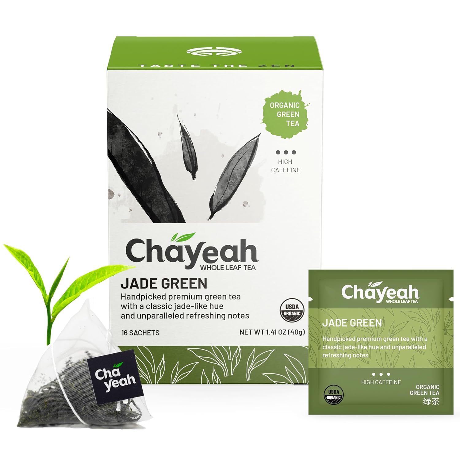 Chayeah, Jade Green, Top Grade Mao Feng Green Tea, Whole Leaf Green Tea Bag, Usda Organic, Caffeinated (16 Pyramid Tea Sachets)