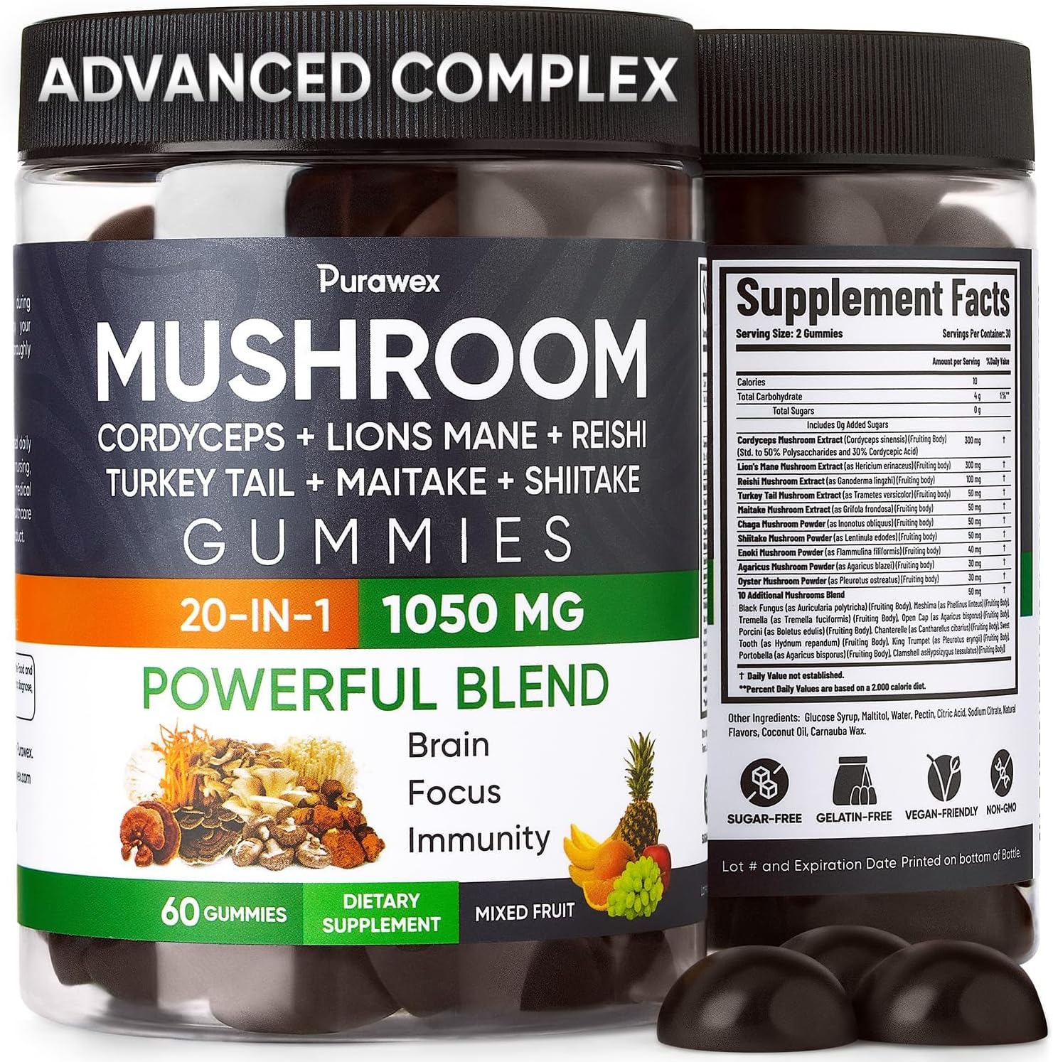 Mushroom Gummies, 20 In 1 Complex 1050 Mg, Cordyceps, Reishi, Turkey Tail, Maitake, Shiitake, Lion Mane Mushroom Supplement For Immune, Focus, Energy Support, Vegan, Gotu Kola