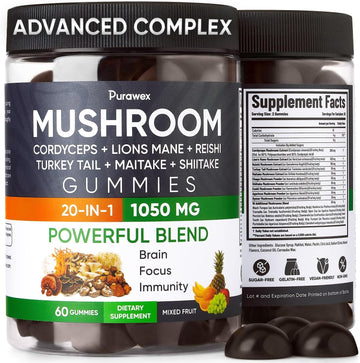 Mushroom Gummies, 20 In 1 Complex 1050 Mg, Cordyceps, Reishi, Turkey Tail, Maitake, Shiitake, Lion Mane Mushroom Supplement For Immune, Focus, Energy Support, Vegan, Gotu Kola