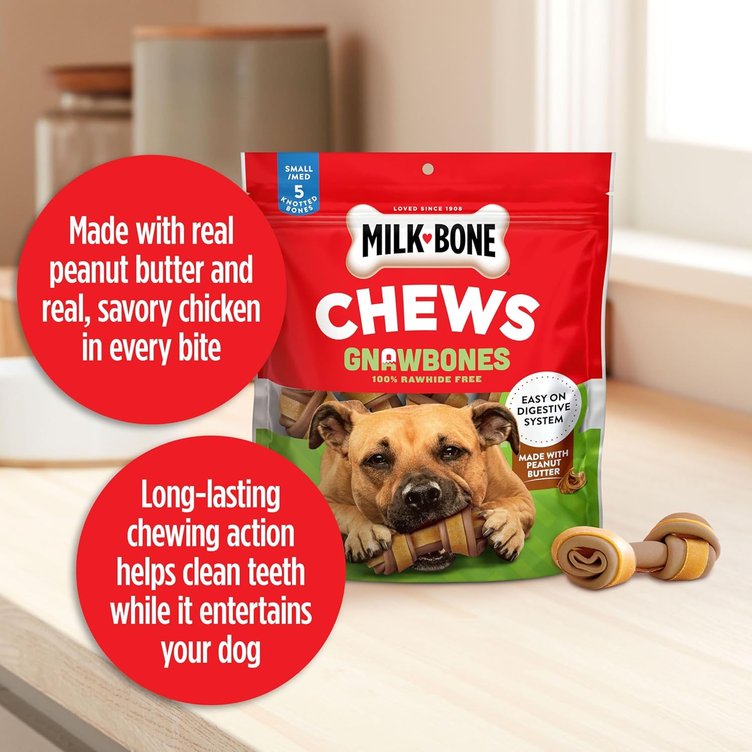 Milk-Bone Chews GnawBones Rawhide Free Dog Treats, Peanut Butter & Chicken, 5 Long Lasting Small/Medium Knotted Bones : Pet Supplies
