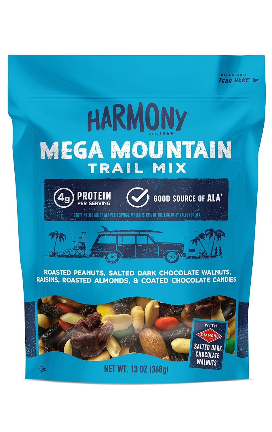 Diamond Of California Harmony Mega Mountain Trail Mix With Mixed Nuts, Dried Fruit And Chocolate, 13 Oz, 3 Pack