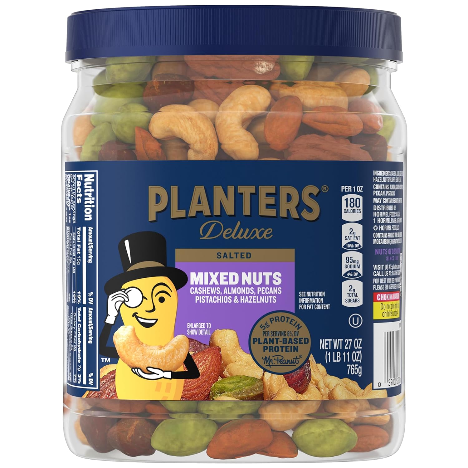 Planters Deluxe Mixed Nuts, Cashews, Almonds, Pecans, Pistachios, Hazelnuts, Roasted With Sea Salt, Party Snacks, Plant-Based Protein, Quick Snack For Adults, After School Snack, 27Oz Container