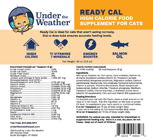 Under The Weather Pet | Ready Cal For Cats 100Cc | High Calorie Supplement | Cat Weight Gainer And High Calorie Booster | 10 Vitamins, 7 Minerals & Omega Fatty Acids (For Cats 100Cc)