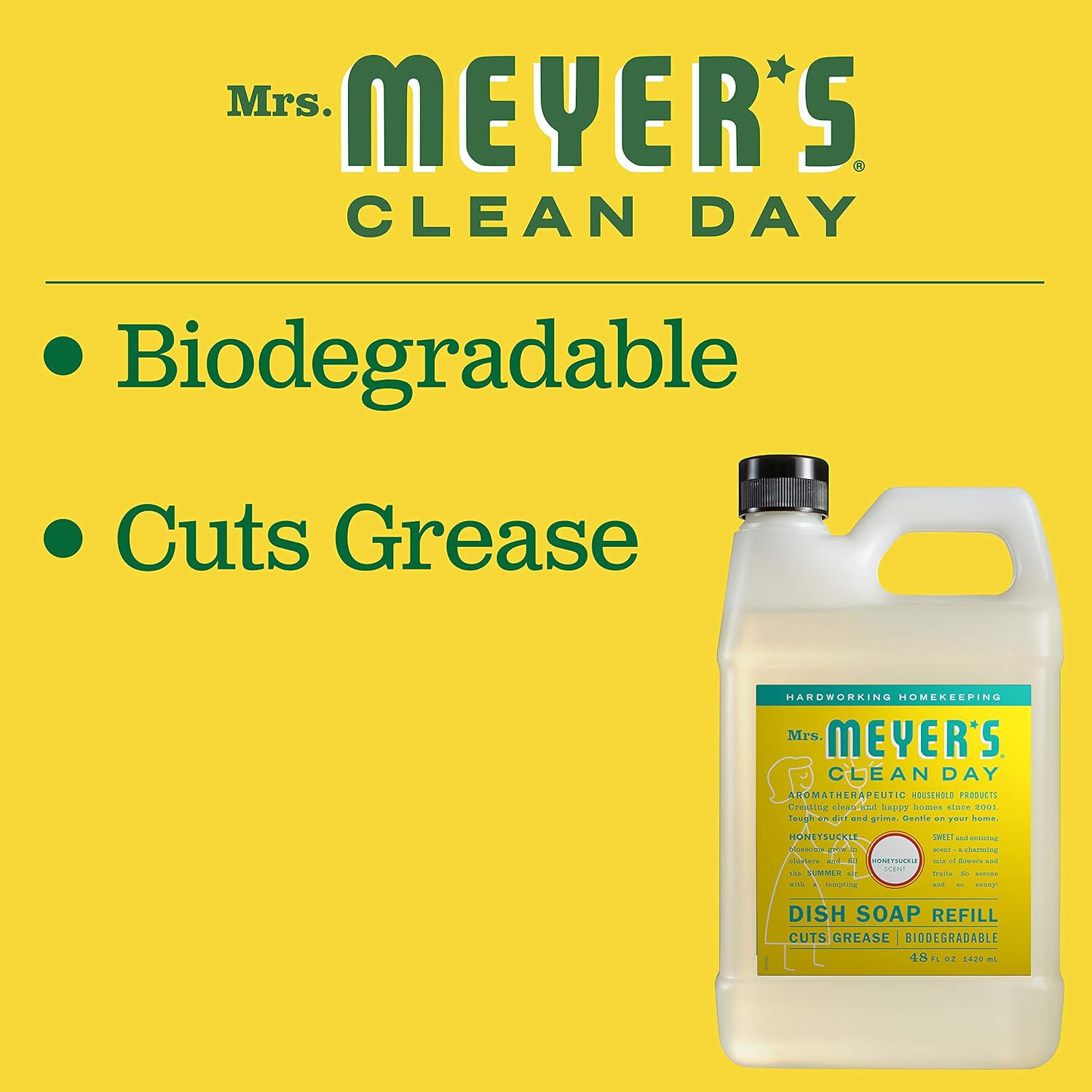 Mrs. Meyer'S Clean Day Liquid Dish Soap Refill, Biodegradable Formula, Honeysuckle, 48 Fl. Oz