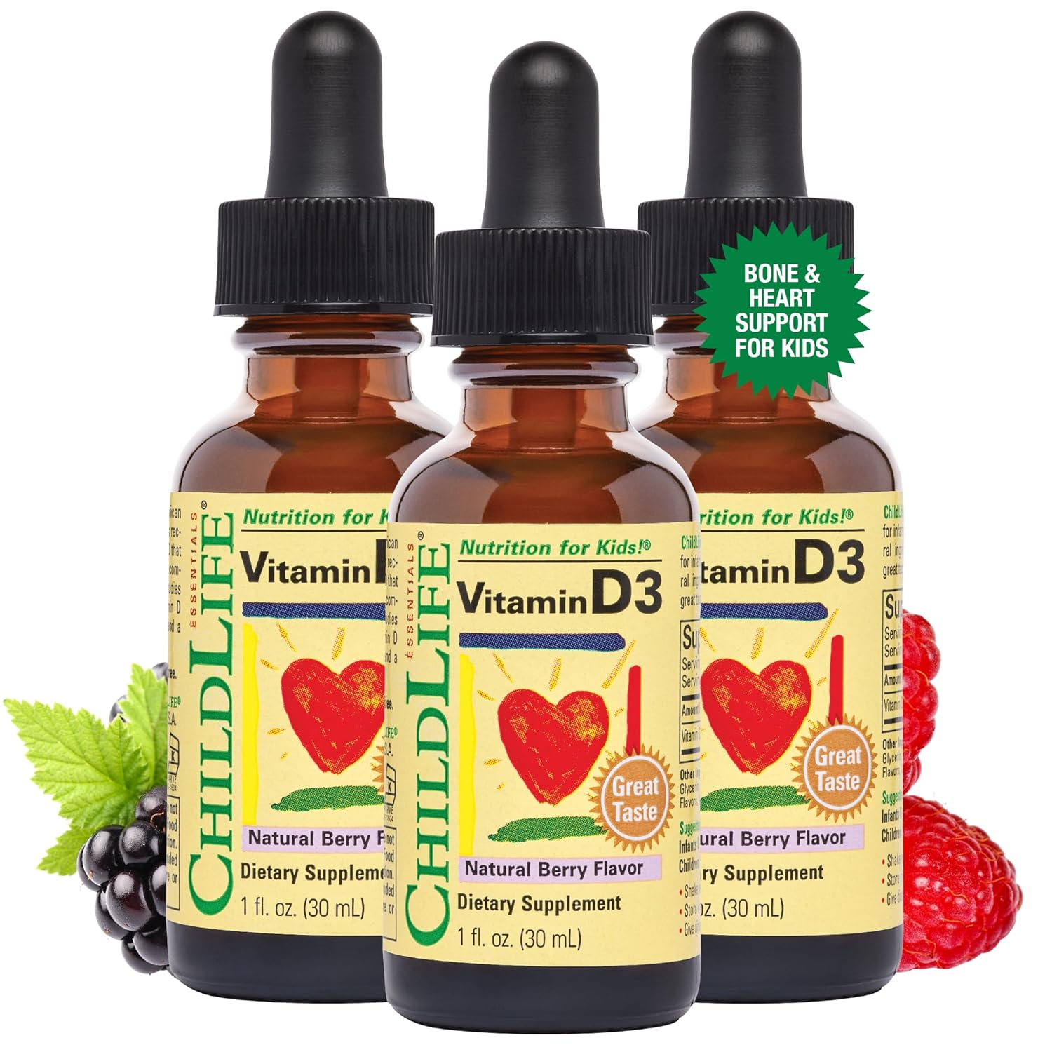 CHILDLIFE ESSENTIALS Vitamin D3 for Babies- Vitamin D Drops for Kids, Supports Immune, Respiratory, Heart, & Bone Health, Gluten-Free, Non-GMO, 500 IU (12.5 mg) - Berry Flavor, 1 Fl. Oz Bottle, 3-Pack