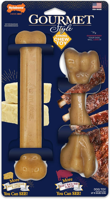 Nylabone Gourmet Style Strong Chew Classic & Femur Bone Dog Chew Toy 2 Pack, Chew Toys For Dogs, Aged Cheddar & Baby Back Rib Flavor, Large/Giant (2 Count)