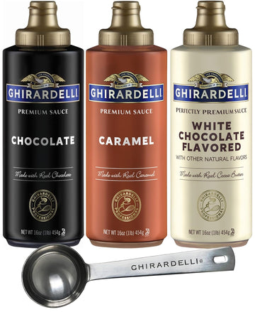 Ghirardelli Chocolate Sauce, White Chocolate Flavored Sauce, Caramel Sauce 16 oz Squeeze Bottles (Pack of 3) with Ghirardelli Stamped Barista Spoon