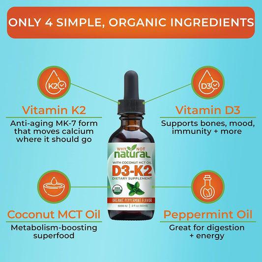 Why Not Natural Organic Vitamin D3 K2 (Mk-7) Liquid Drops, 5000 Iu Of Sublingual D3 With Coconut Mct Oil, For Strong Bones And Teeth, Heart And Immune Support