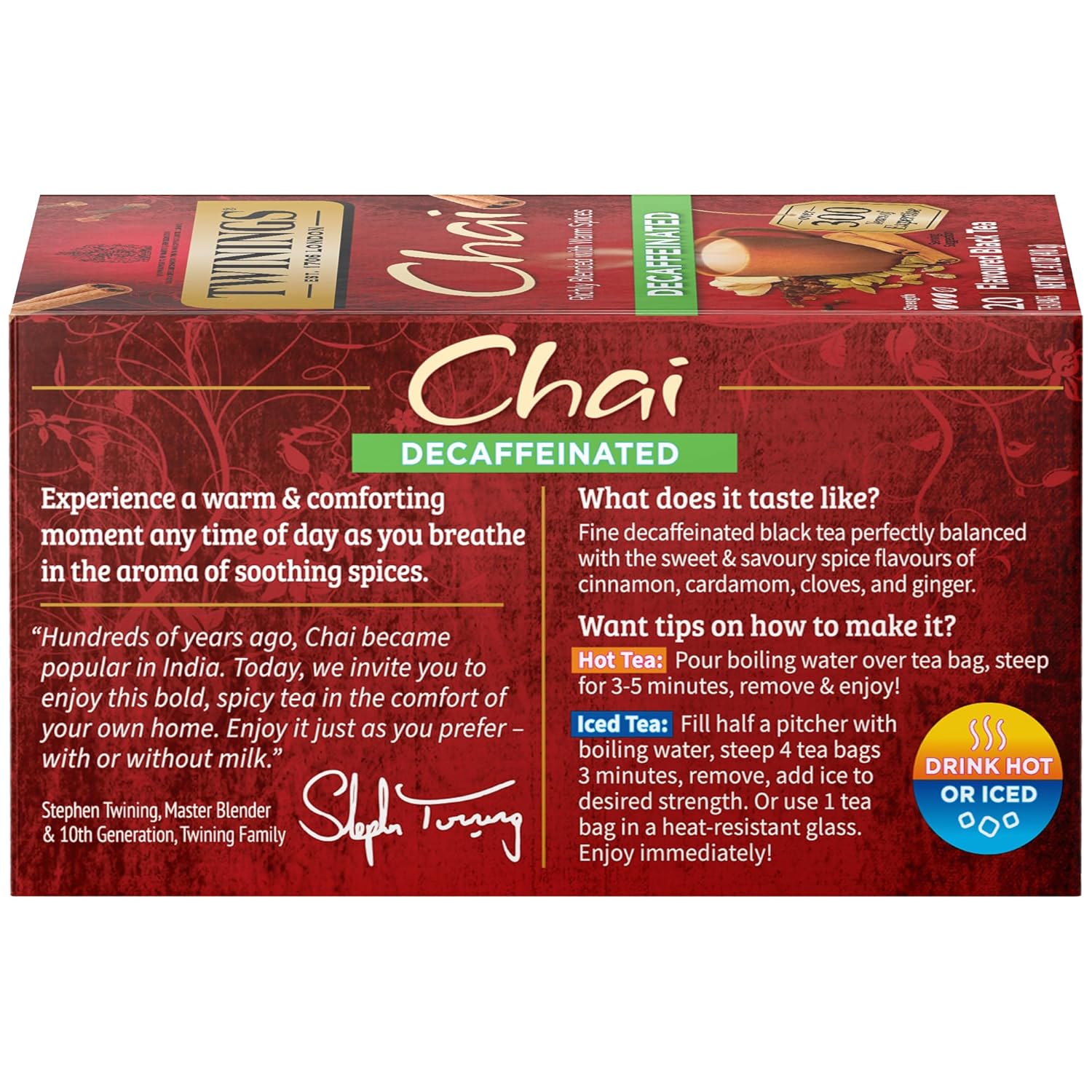 Twinings Decaffeinated Chai Individually Wrapped Bags, 20 Count (Pack Of 6), Sweet, Savoury Spices, Enjoy Hot Or Iced | Packaging May Vary