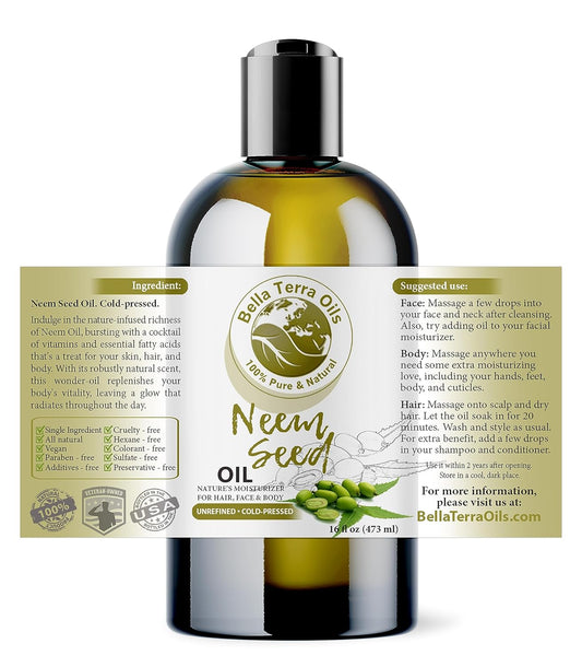 Bella Terra Oils - Organic Neem Seed Oil 16oz - Harness Organic Neem's Timeless Beauty Secrets, Infused with Vitamin A & Omega Fatty Acids, Best for Luxurious Skin Feel