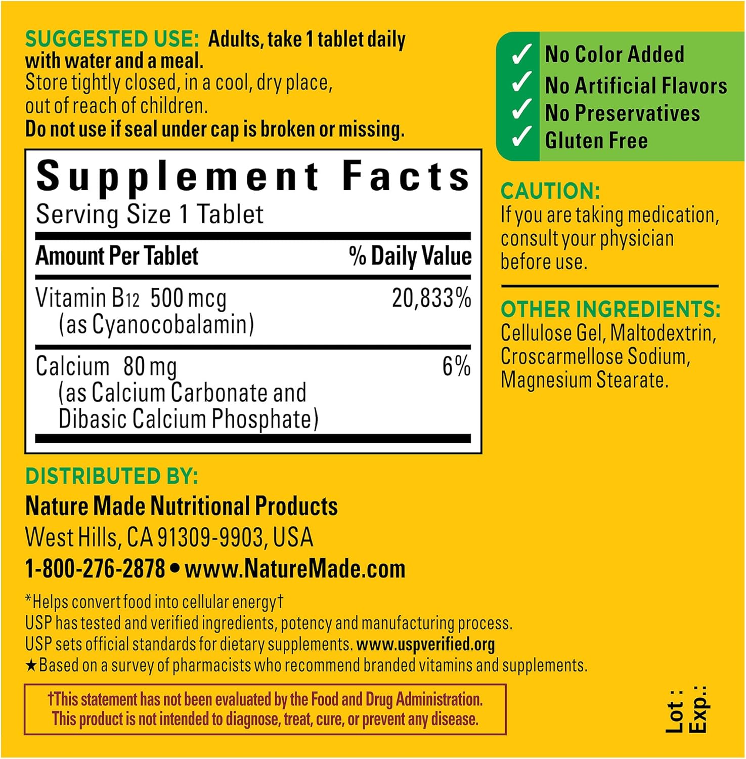 Nature Made Vitamin B12 500 mcg, Dietary Supplement for Energy Metabolism Support, 200 Tablets, 200 Day Supply : Health & Household