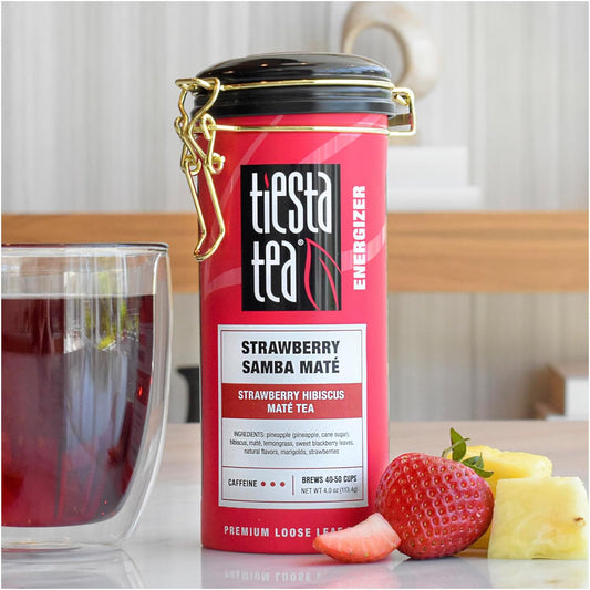 Tiesta Tea - Strawberry Samba Mate - Strawberry Hibiscus Mate Tea - Loose Leaf Tea Blend - High Caffeinated Fruit Tea - Make Hot Or Iced Tea Up To 50 Cups - 4 Oz Refillable Tin