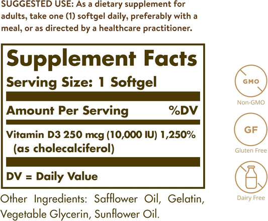 Solgar Vitamin D3 Cholecalciferol 250 Mcg 10000 Iu Softgels Helps Maintain Healthy Bones Teeth Immune System Support Non Gmo Gluten, Dairy Free Servings, 180 Count