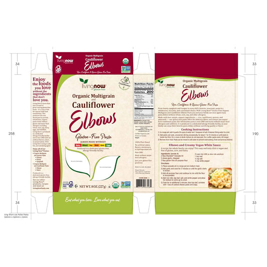 Now, Living Now, Now Natural Foods, Organic Multigrain And Cauliflower Elbows Gluten Free Pasta, Made Without Dairy, Wheat, Soy, Nuts, Corn Or Eggs, 8 Oz