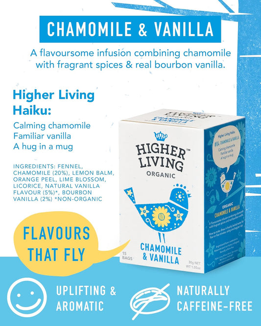 Higher Living Chamomile & Vanilla Organic Herbal Tea - Aromatic, Caffeine Free Calming Tea With Fennel, Lemon Balm, Orange Peel & Licorice - 4 Boxes, 15 Bags Each